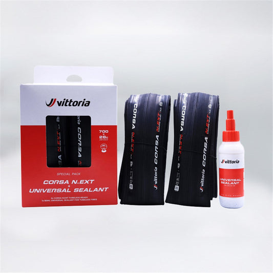 Packung mit 2 Vittoria Cors N.Ext TLR-Reifen + Universal Tubeless-Reifendichtmittel 80 ml